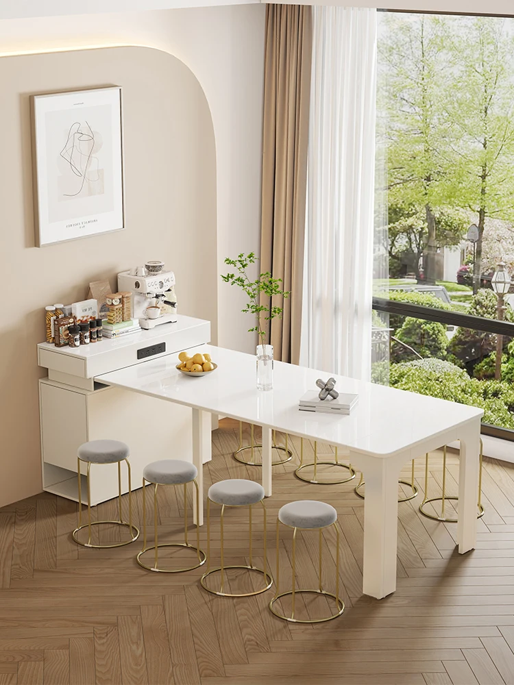 Adjustable Island Dining Table, Integrated Cream Style Family Folding Small Unit, Rock Slab Rectangular Shape