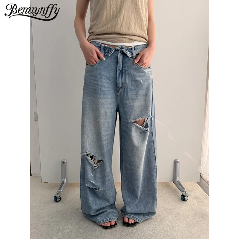 

Джинсы Benuynffy Streetwear с рваными манжетами и завышенной талией для женщин, весна-лето 2026, новые, винтажные, в стиле BF, Y2K, Harajuku, свободные, широкие брюки