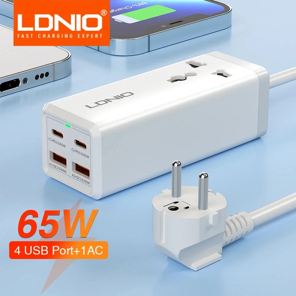 LDNIO 65W Type-C Charger 4 Ports USB Outlet Desktop Power Strip For Laptop/Macbook/Ipad/Camera/Cell Phone Fast Charge PD Charger