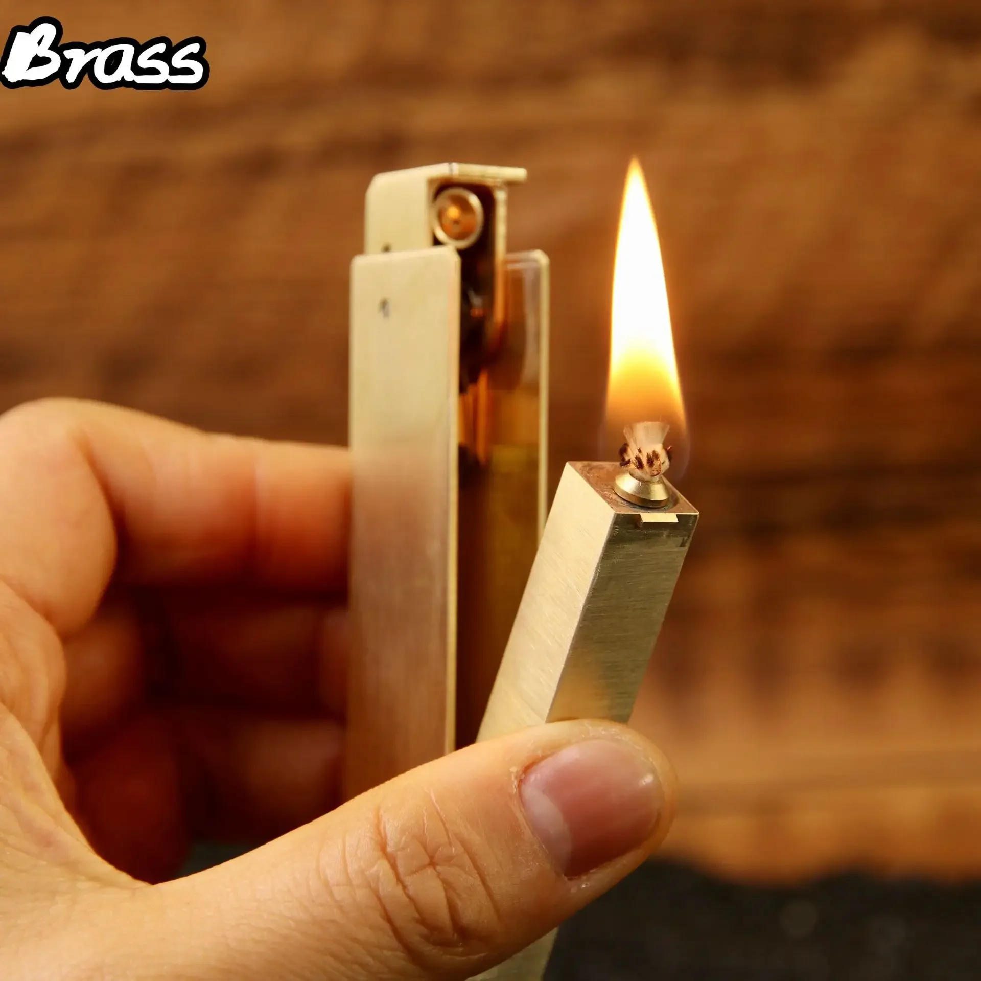 

Heavy Trench Handmade Brass Kerosiene Lighter Retro Side Press Ignition Special shaped Lighter Cigarette Accessories Collectible