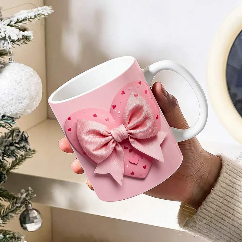 

1pcs 3D Powder Heart Bow Ceramic Cup with Handle, Creative Coffee Cup, Insulated Milk Cup, Office Tea Cup, Fade-Resistant