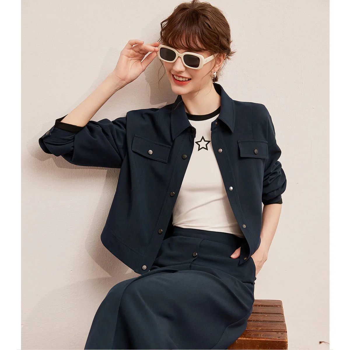 LOUISYAO Workwear Style Pocket Jacket Women 2025 Spring Autumn Lapel Loose Non Stretch Coat Casual Streetwear Outerwear