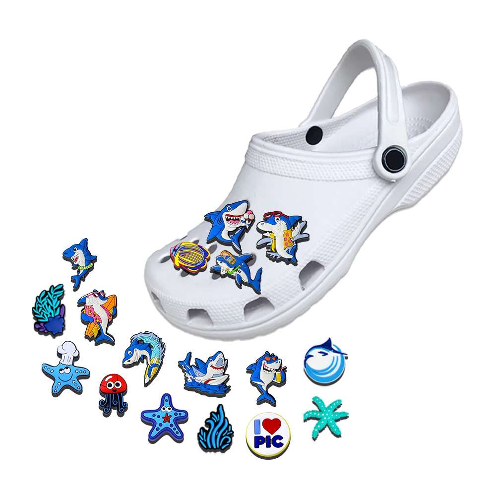 

1-100Pcs Underwater Creature Blue Shark Shoe Charms PVC DIY Shoe Accessories For Sandals Decoration Buckle Kids Friends Gifts