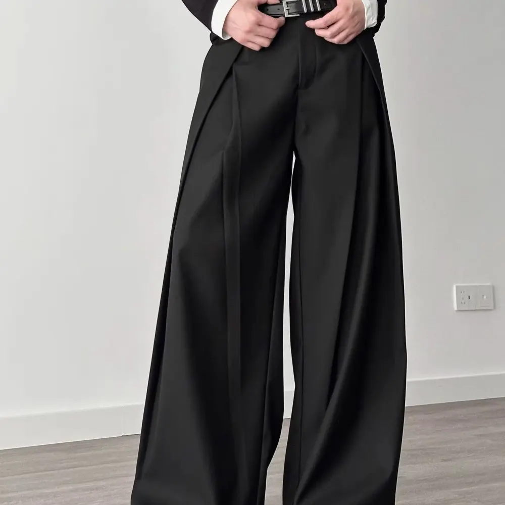 Mens Retro High Street Casual Trousers Pleated Scythe Cut Wide Leg Loose Fit Draping Floor Length Summer Style Pants