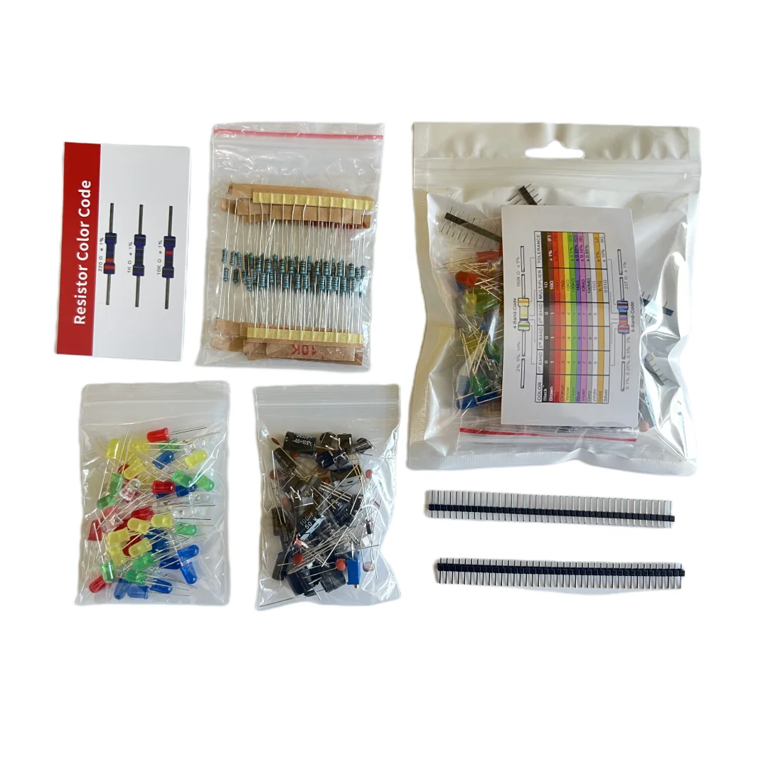 Basic Electronics Starter Kit containing LEDs, buzzers, capacitors, resistors, and more