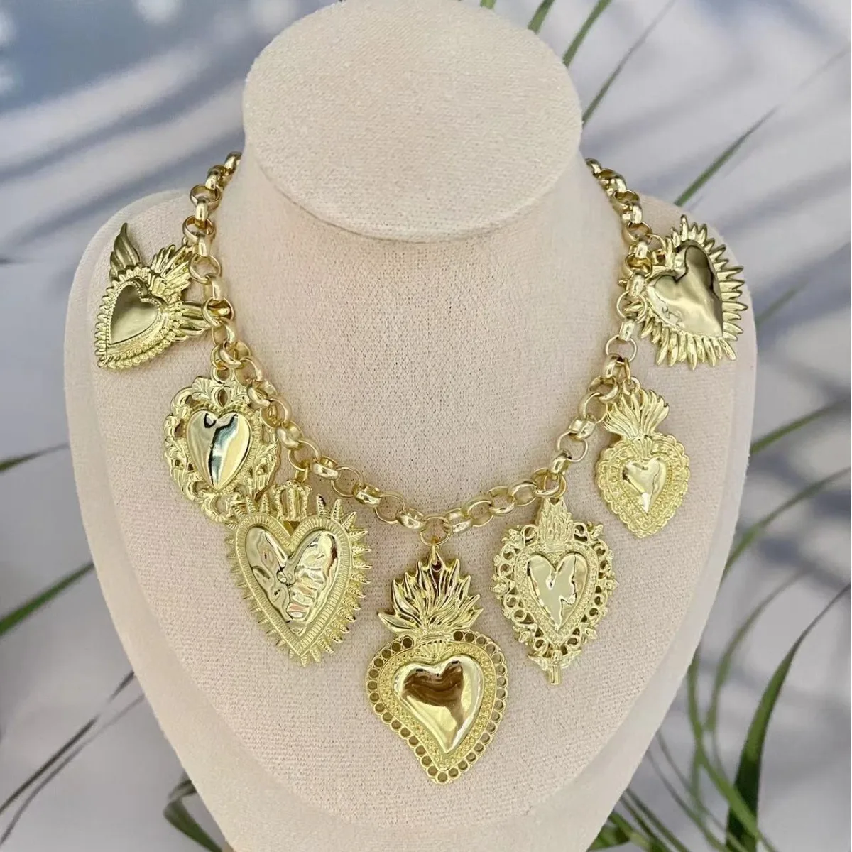 Chunky Chain Lucky Charms Gold Plated Heart Statement Necklace Adjustable Shorter Length 2024 NEW