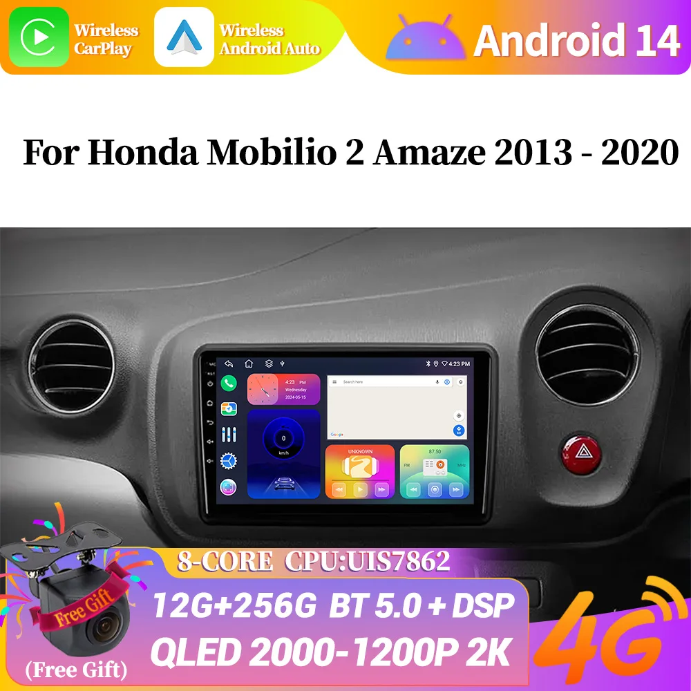 

Автомагнитола для Honda Mobilio BRV Amaze 2013 - 2020 Android 14 CarPlay, мультимедийный видеосигнал, GPS-навигация, автомобильные интеллектуальные системы 4G