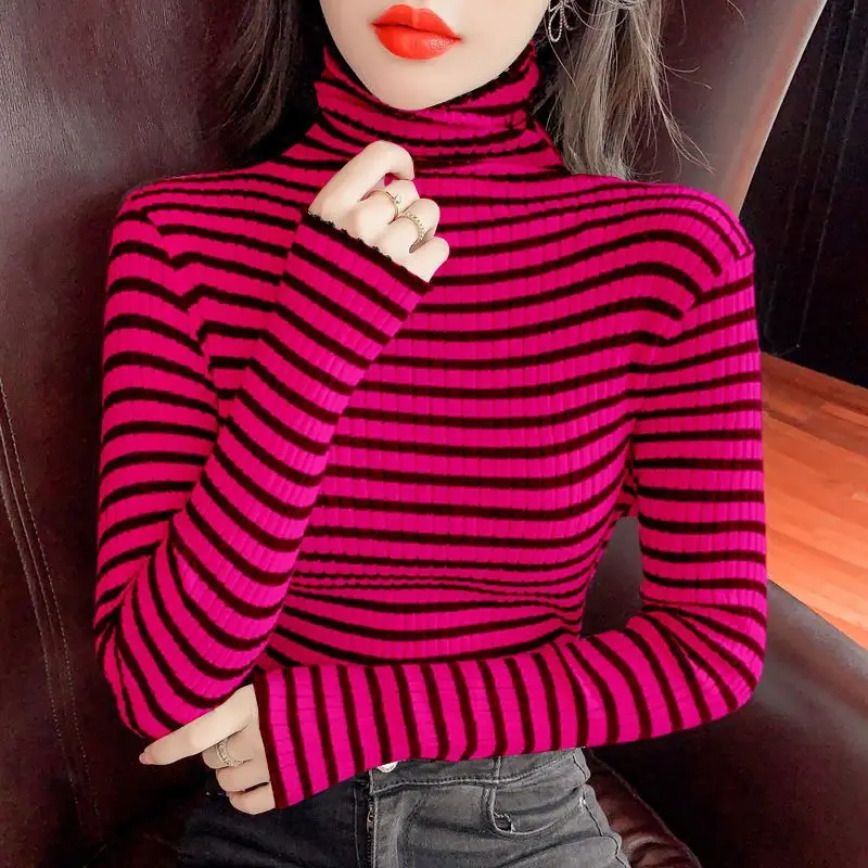 

New Women 2023 Spring Autumn Turtleneck Striped Jumpers Female Slim Fit Knitted Tops Ladies Sweaters Long Sleeve Tops T423