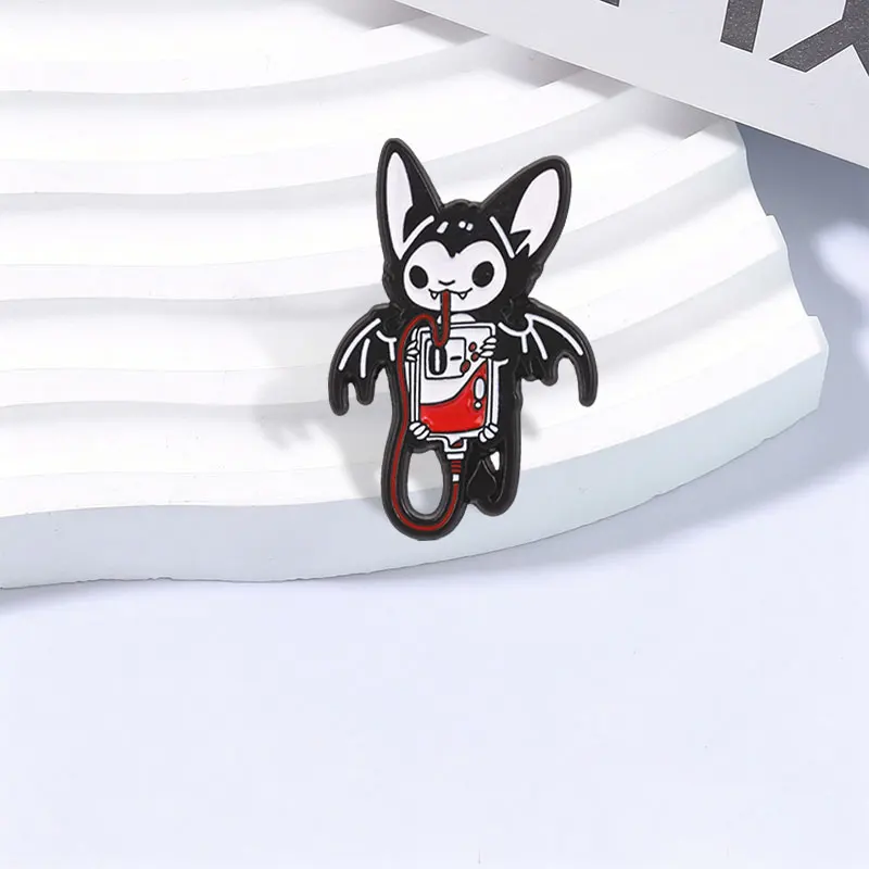 Horror Vampire Bat Drinking Blood Bag Badge Enamel Pin Punk Gothic Bat Badge for Halloween Backpack Clothes Jewelry Accessories