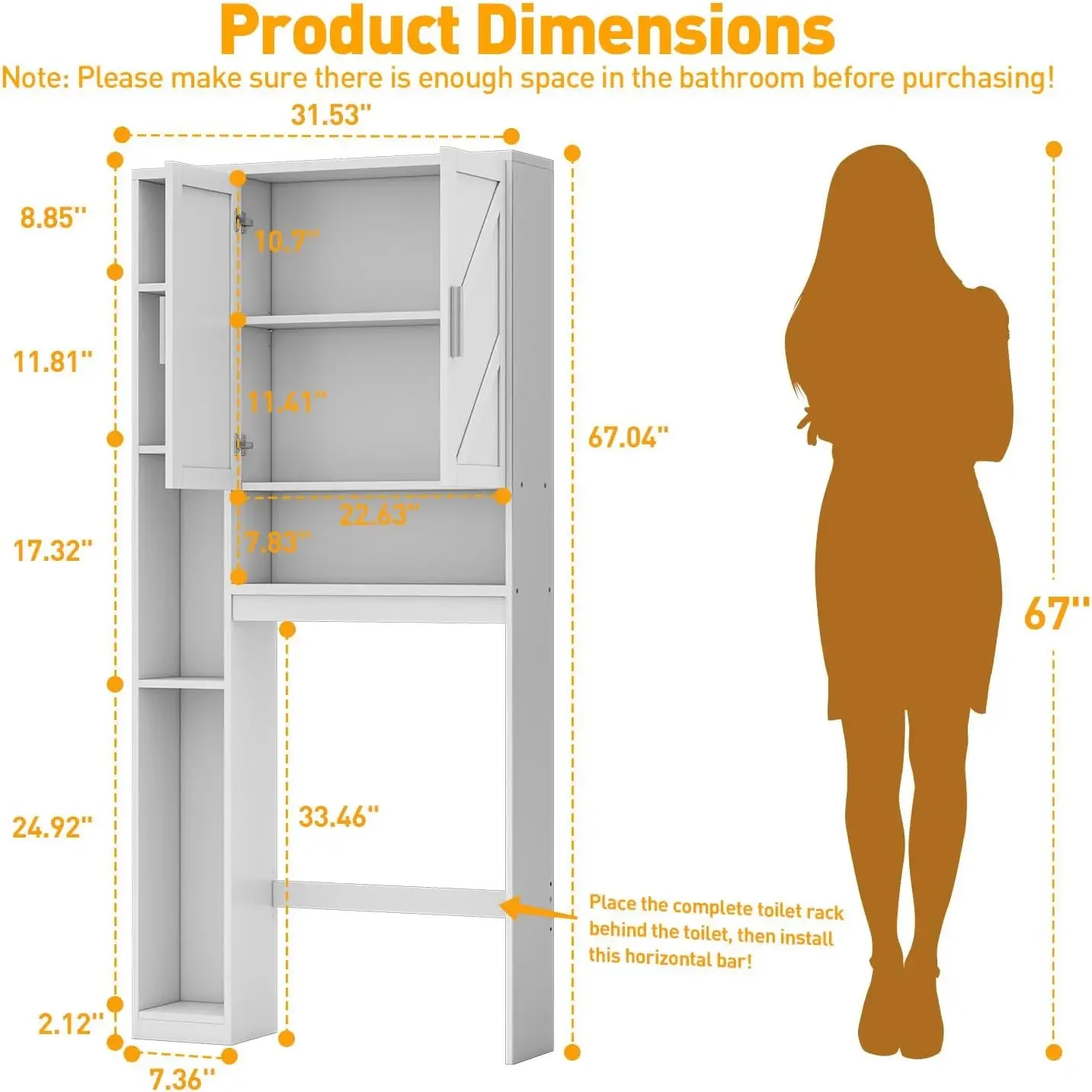 Toilet Storage Cabinet with 7 Storage Shelves, Behind Toilet Cabinet, Space Saver for Restroom, Bathroom, Laundry, White