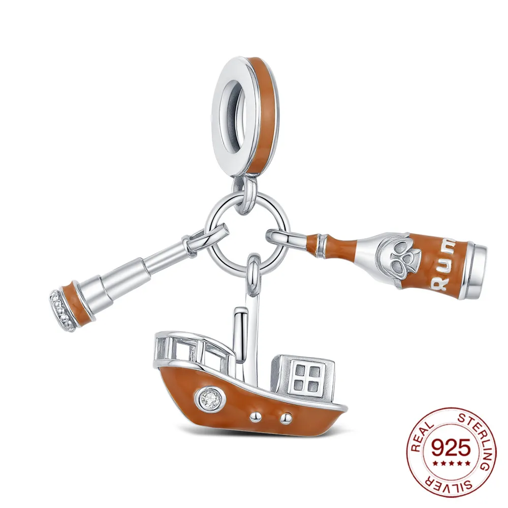 New 925 Sterling Silver Charms Pirate Ship Telescope Rum Pendant Fits Original Bracelet DIY Jewelry Outfit Travel Gift For Women