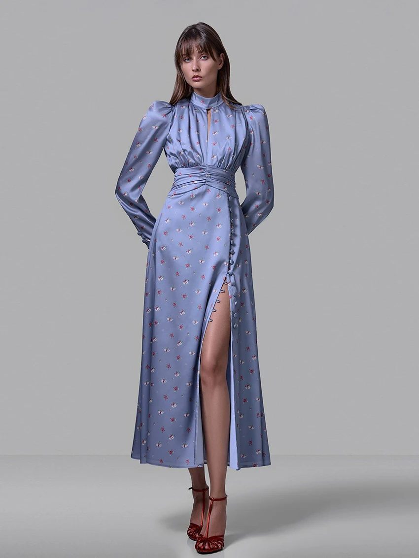 

Marthaqiqi Printing Femme Nightgown Long Sleeve Pajama Sexy Turn-Down Collar Nightwear Ankle-Length Dress Women Sleepwear Winter
