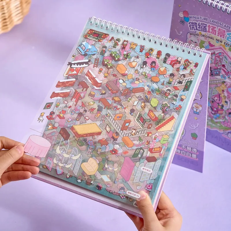 Miniature Scene Sticker Book with 8 Different Scenes and 10 Sticker Materials, 3D Cartoon House DIY Decoration