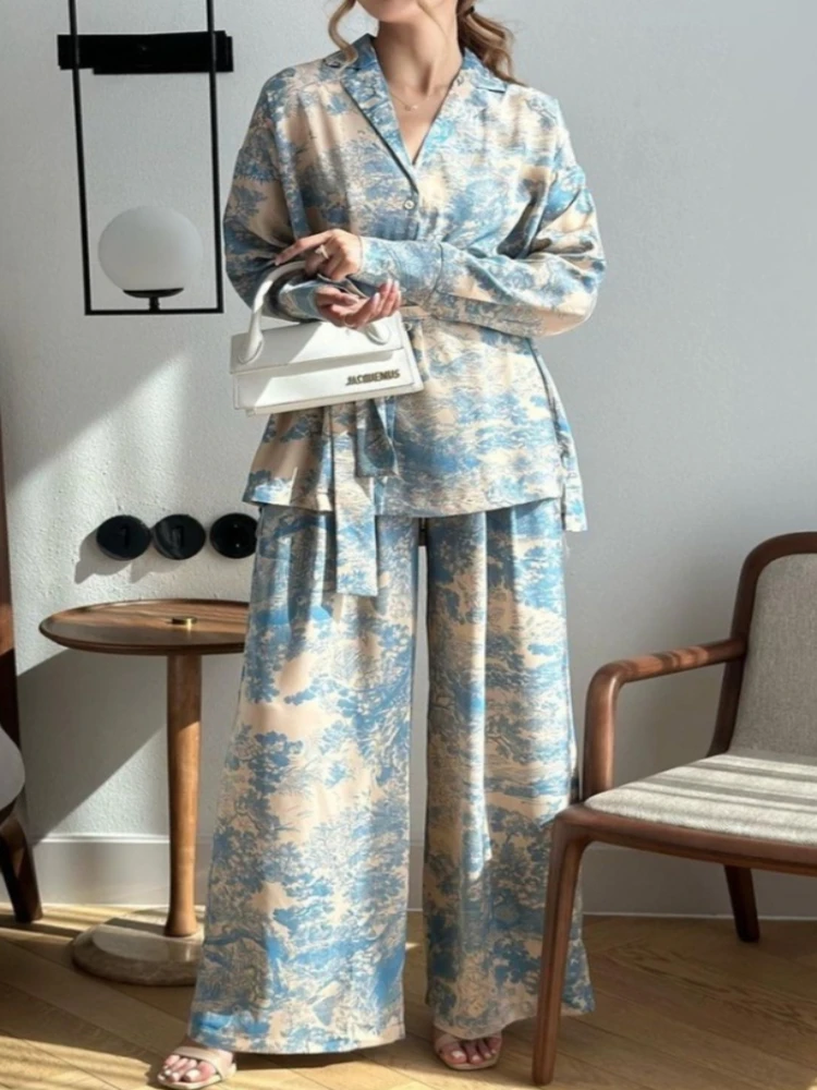Autumn New Style Elegant and Fashionable Printed Long Sleeved Lace Up Shirt with High Waist and Wide Leg Pants Women's Suit