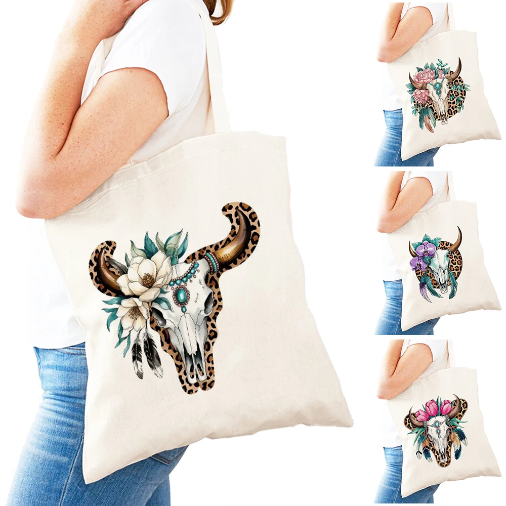 Boho Cow Skull Shopping Bag for Women Polyester Reusable Custom Double Sided Print Floral Feather Design Eco Friendly 31x36 cm