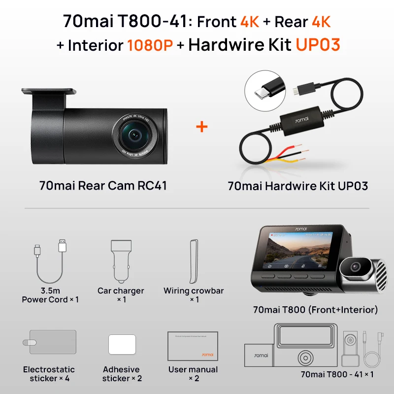 70mai Dash Cam 4K T800 3-Channel HDR Supercapacitor Front Rear