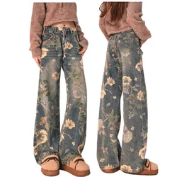 Retro Styles Floral Printed Jeans For Women Straight Leg Loose Wide Leg Baggy Trouser