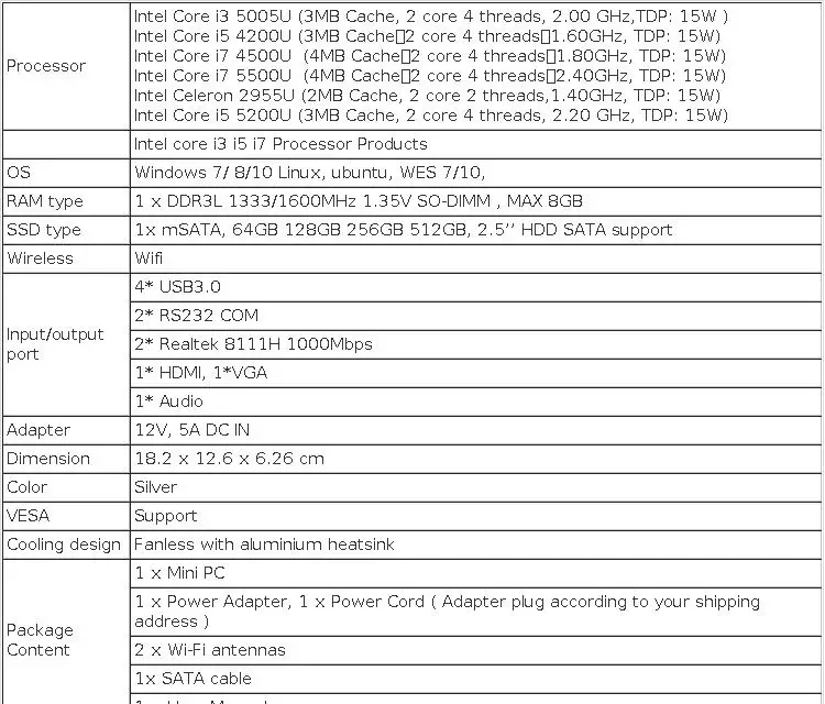 Intel Core I7-5500U I5-5200U I3-5005U Industrial Mini PC Dual LAN 2xRS232 COM 4xUSB3.0 1xHDMI Support WiFi Linux Ubuntu Computer