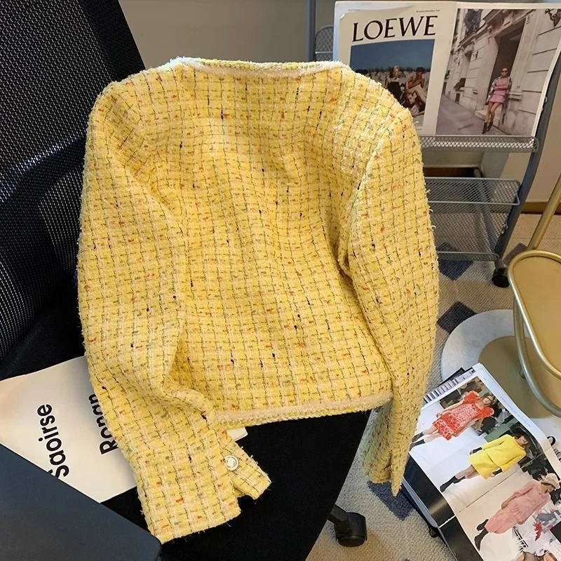 เสื้อแจ็คเก็ตสตรีฤดูใบไม้ผลิฤดูใบไม้ร่วงใหม่สีเหลือง Tweed น้ําหอมขนาดเล็กเสื้อสั้นเกาหลีแฟชั่น Grace หญิงเสื้อนอก