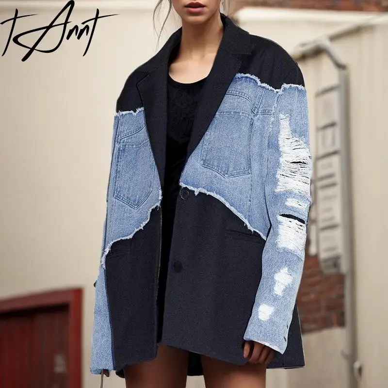 Tannt Women Blazer Color Matching Asymmetry Denim Patchwork Blazer Jacket Fashion Loose Holes Suit Coats For Women 2023 New