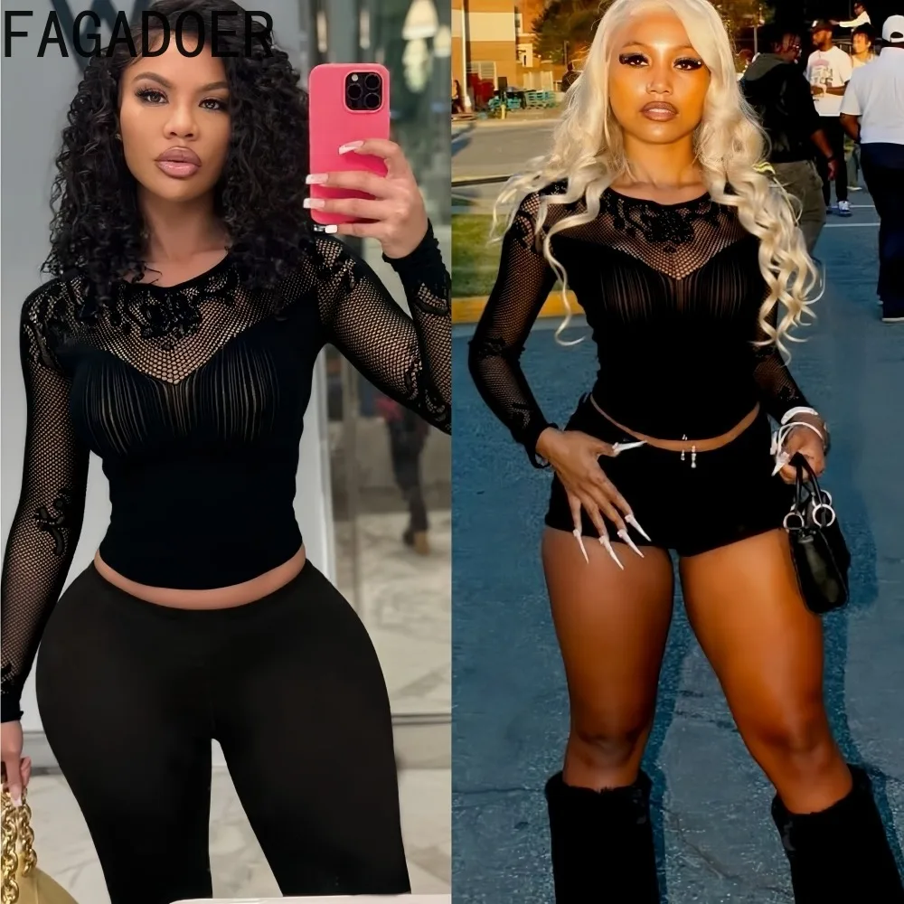 

FAGADOER Sexy Mesh See Through Bodycon T-shirt Women Black Hollow-out Long Sleeves Crop Top Female Streetwear Clothing 2025 New
