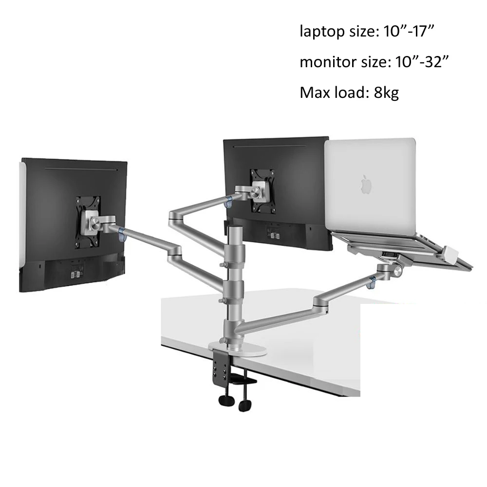 

OL-30L aluminum 3 arm mount for 10"-17" laptop notebook + 10"-32" monitor PC computer desktop bracket 0-87mm thick desk 0-8kg