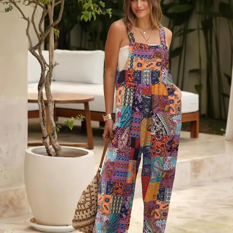 จั๊มพ์สูทลายดอกไม้ทรงหลวมสำหรับผู้หญิง ฤดูใบไม้ผลิ 2026 เอวต่ำ ความยาวห้าส่วน ผ้าฝ้าย กางเกงขายาวแบบไขว้