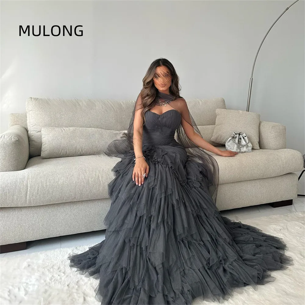 MULONG Elegant Tulle Evening Dresses Off The Shoulder Pregnant Backless Tiered Long Prom Gowns Ruffled High Low Party Dress