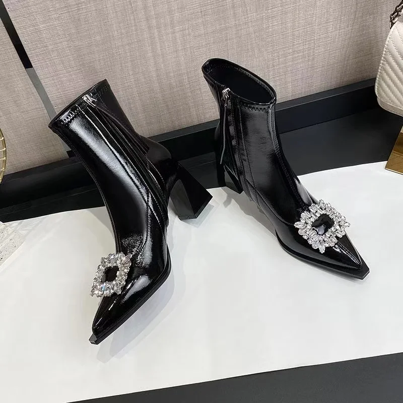 Winter Pointed Toe Fashion Side Zipper Thick Heel Women's Boots New Diamond Square Buckle Elegant Non-slip High Heels image 2