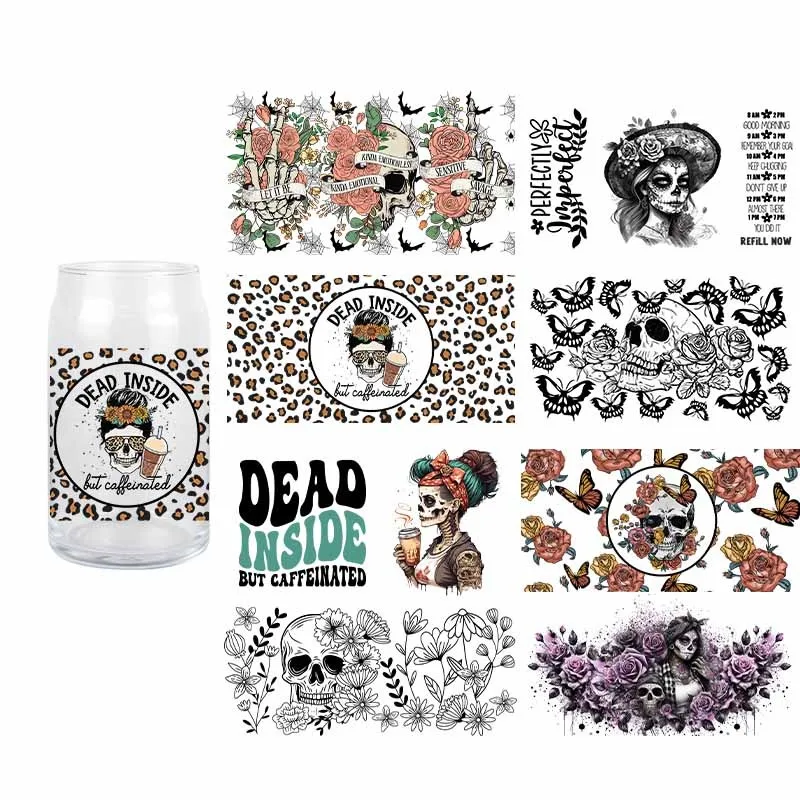 DIY Skull UV DTF Transfer Sticker 16 OZ Glass Cup Libbey Glass Cup Durable Waterproof Scarch 3D Cool Custom Design Sticker