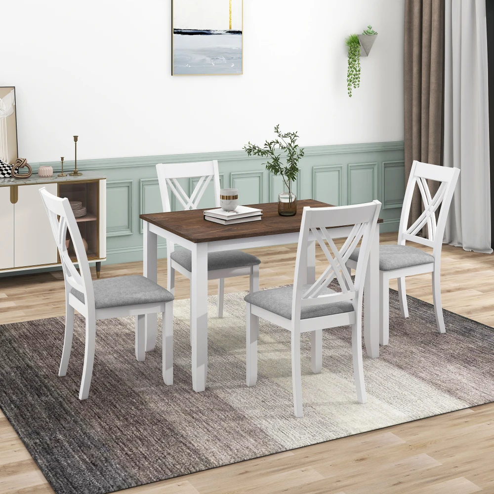 

Rustic Minimalist Wood 5-Piece Dining Table Set with 4 X-Back Chairs for Small Places, White