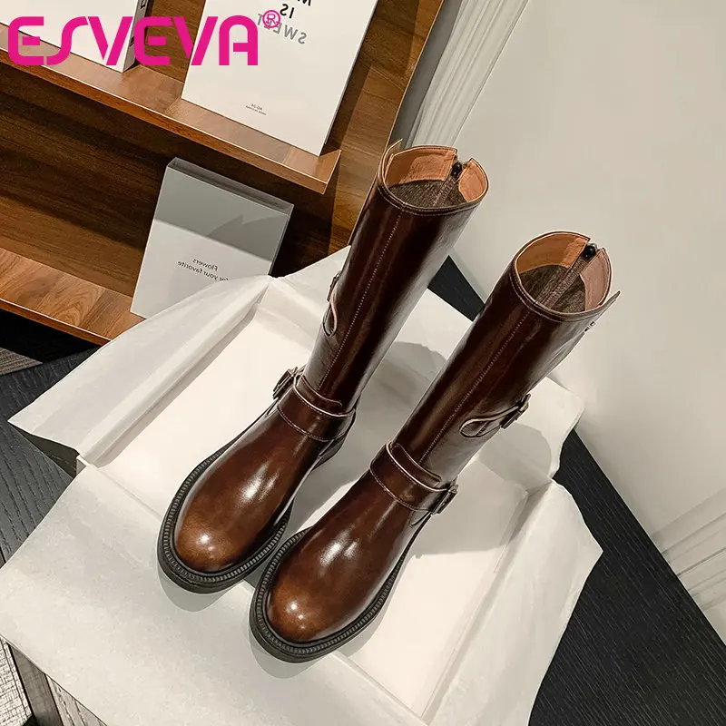 

ESVEVA 2025 новые кожаные рыцарские женские сапоги с круглым носком, женские сапоги в стиле ретро на среднем каблуке, размеры: 34-40