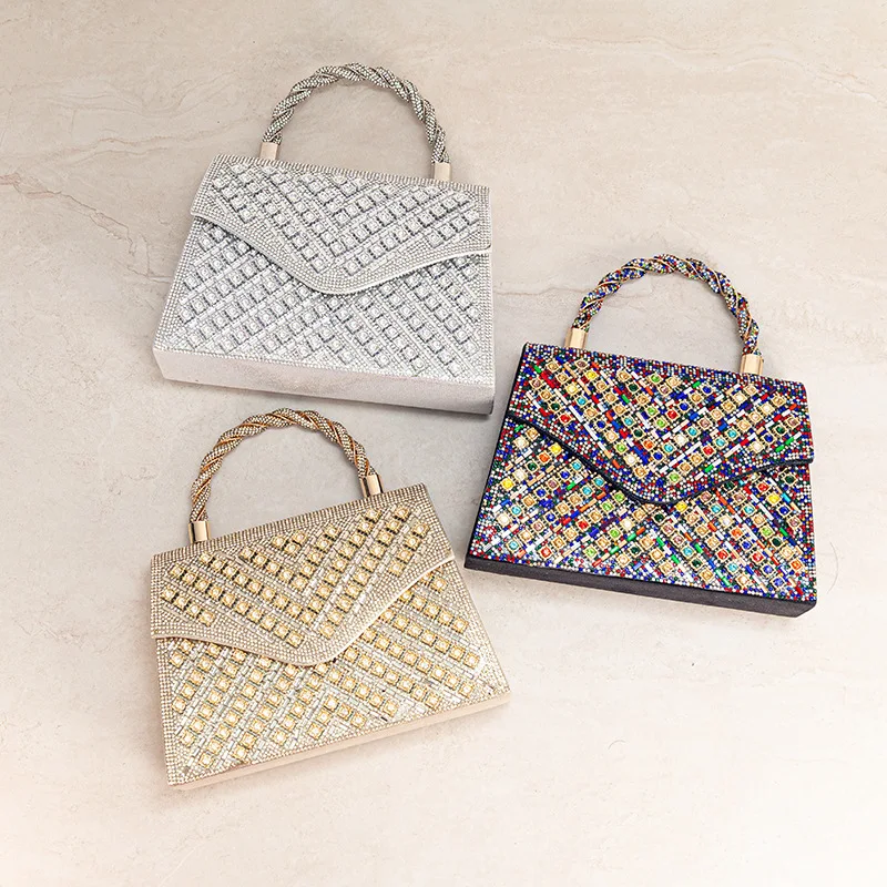 

Exquisitely Crafted Luxurious Dazzling Rhinestone Embellished Evening Clutch With Braided Handle For Glamorous Occasions