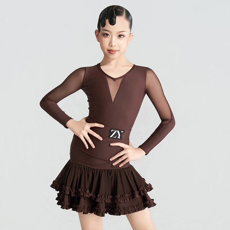 

Латинское платье для девочек, коричневая одежда для выступлений, детский наряд для латинских танцев, трико с длинными рукавами, юбка с рюшами, тренировочный комплект VDL4762