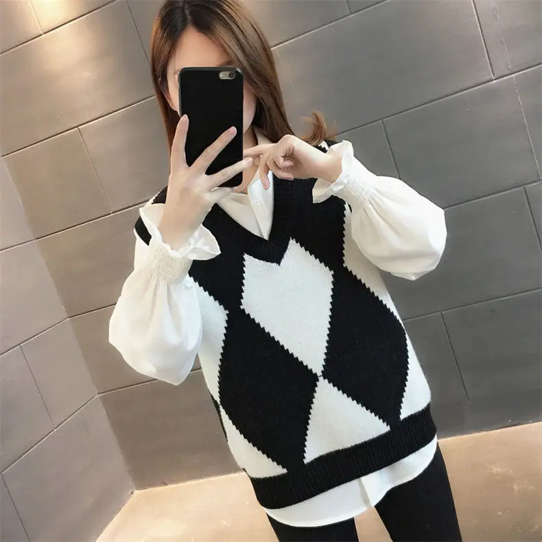 V-neck Sweater Vest Women's Casual Knit Shirt Student Sweet Retro  Spring and Autumn School Classic  Clothing X271