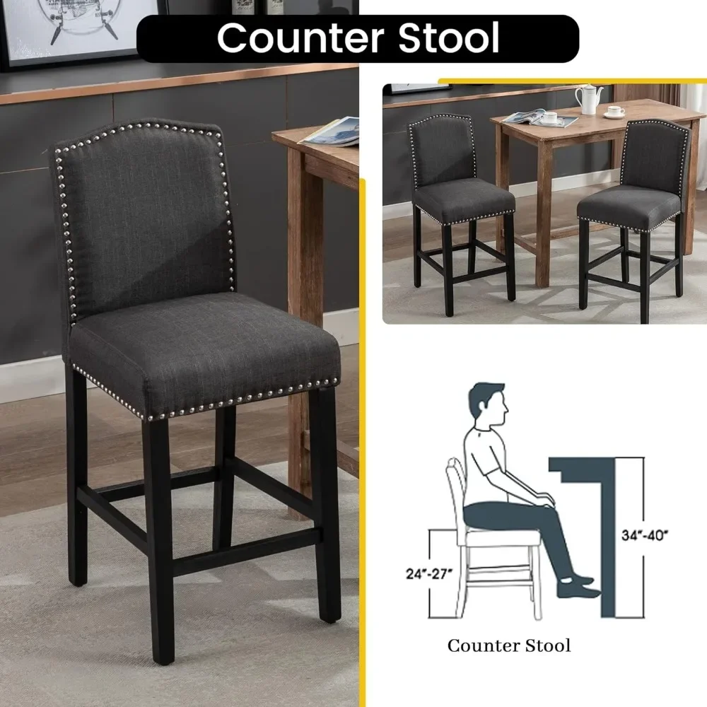 Counter Height Bar Stool 26 Inches Upholstered High Back Barstool with Antique Nail Heads Solid Wood Set of 4 Counter Height+