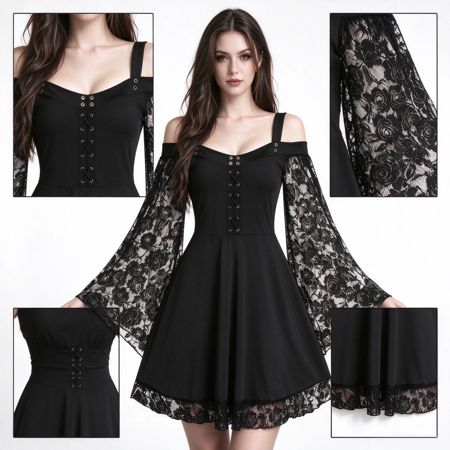 One shoulder flared sleeve lace patchwork artistic retro dress for women's casual dress view 5