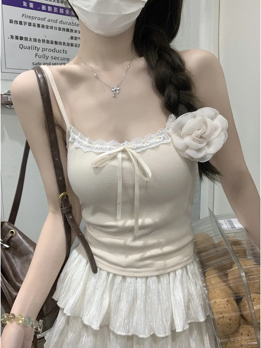 

Korean Sle Svel Top Women Summer Slim Fit Pure Desire Lace Trim Belted Chest Pad Slimming Strap Vest Inner Wear Anti-...