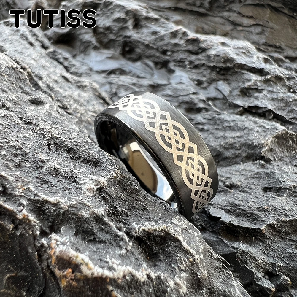 TUTISS 8mm Brushed Finish Black Tungsten Ring Laser Engraving of Various Styles of Patternsfor Men Women Fashion Engagement