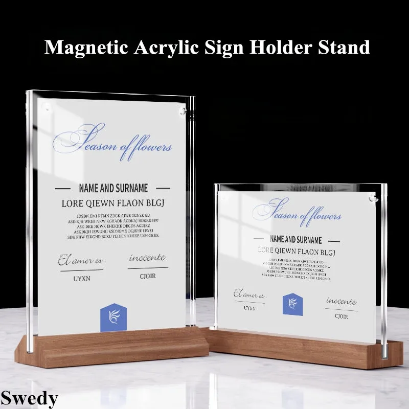 A5 148X210MM Wood Base Magnetic Acrylic Sign Holder Display Stand Menu Paper Holder Price Label Tags Photo Picture Poster Frame