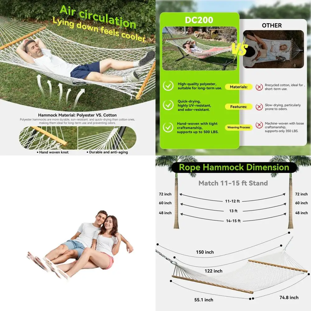 Two-Person Handwoven Rope Hammock with Spreader Bar for Indoor and Outdoor Use - Patio, Poolside, Backyard (White)