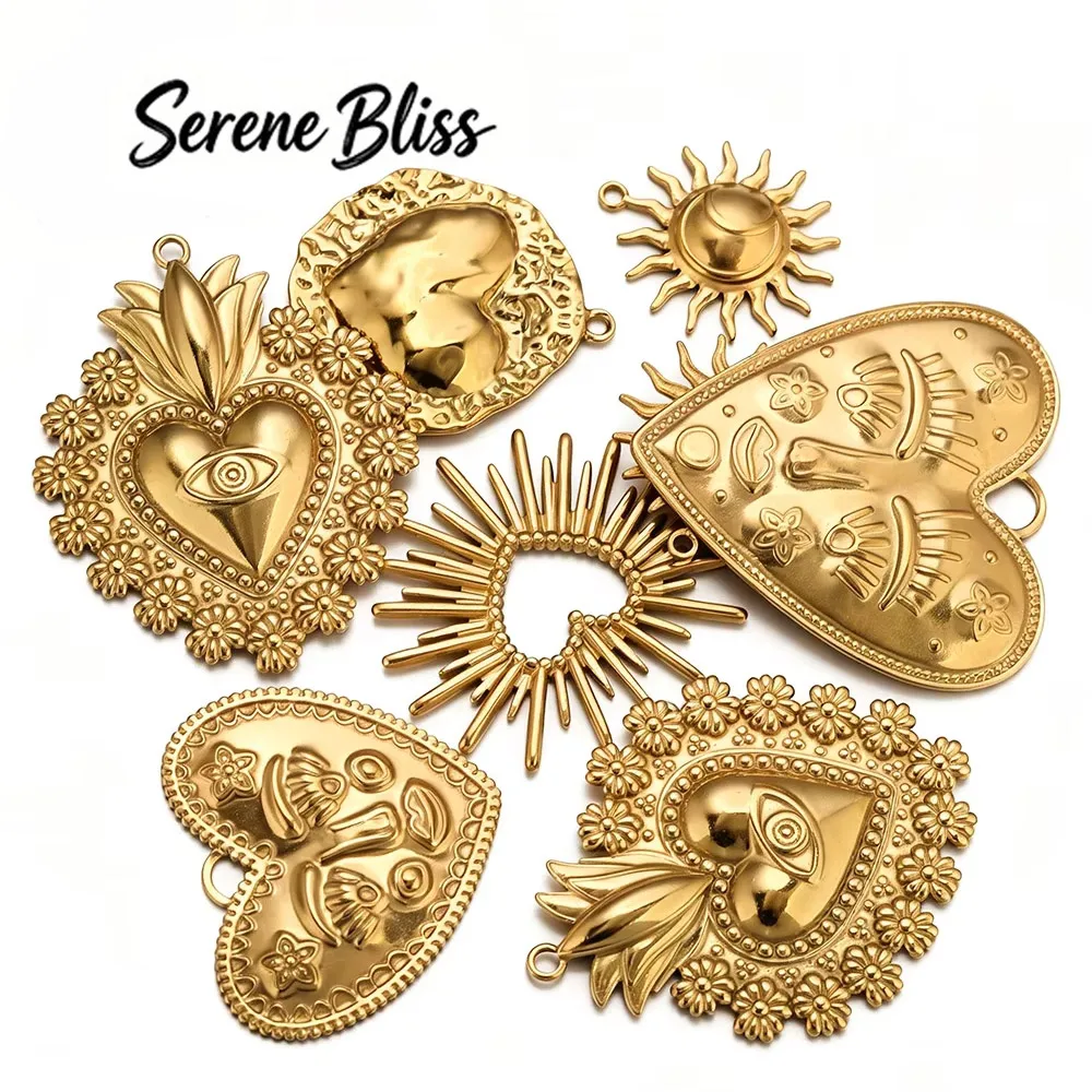 5pcs 304 Stainless Steel Sun Large Heart Charms Gold Plated 18k for DIY Women Earrings Necklace Jewelry Pendants Making Findings