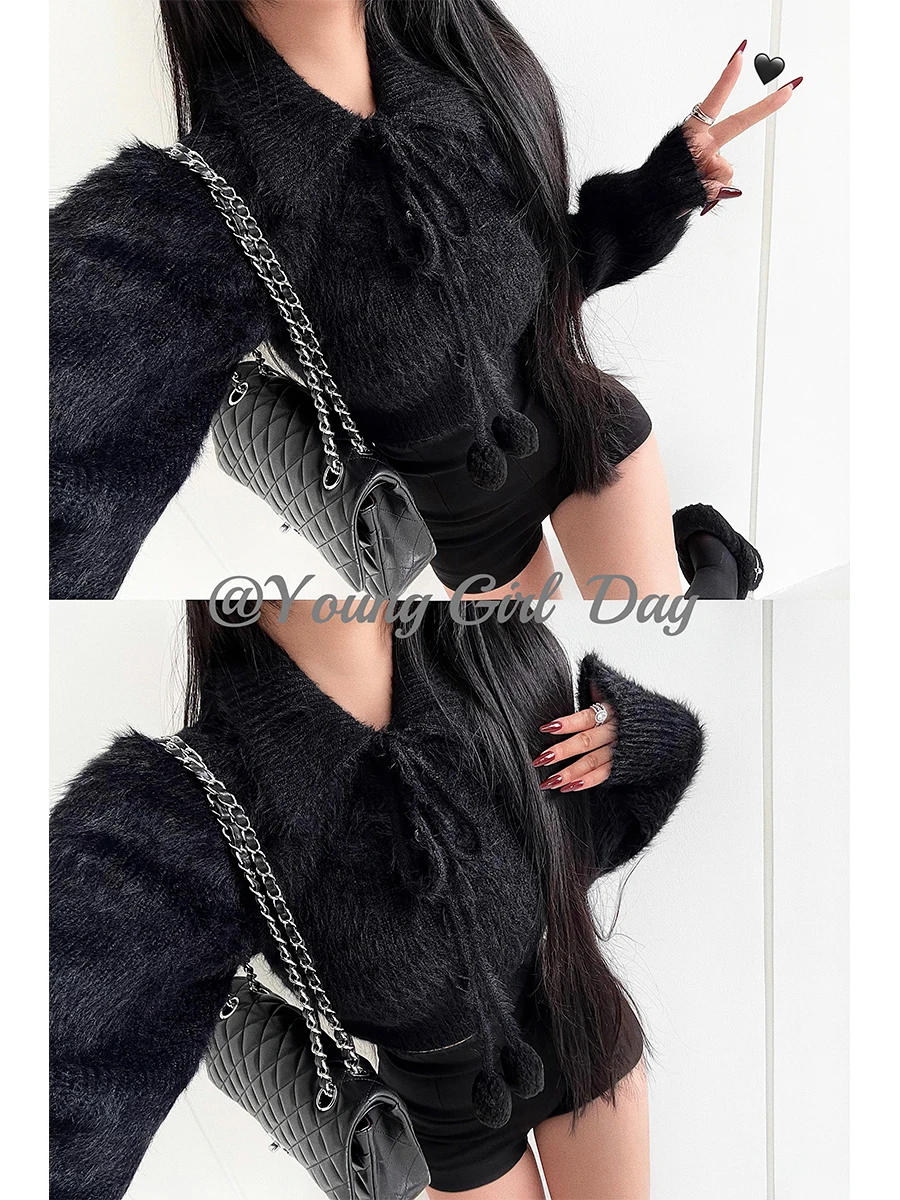 WOMENGAGA Sexy Backless Sweater Mink Velvet Short Hanging Neck Vest Long Sleeved Lace Up Top Two-piece Sheep Sweater Korean 99LD