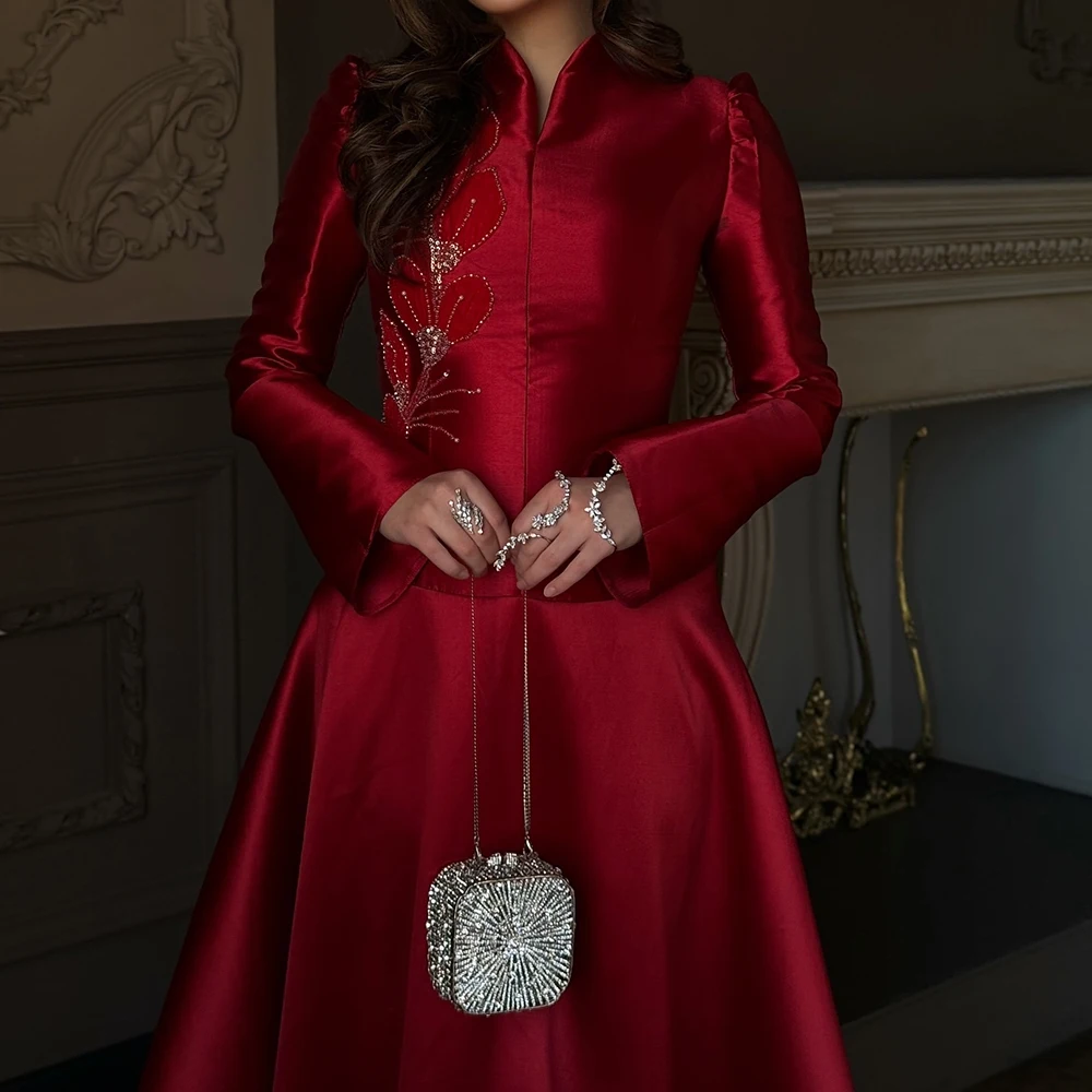 Abiti da sera a trapezio personalizzati Abito da ballo a maniche lunghe con collo alto lungo fino al pavimento Abito da festa drappeggiato semplice con fiori di paillettes alla moda