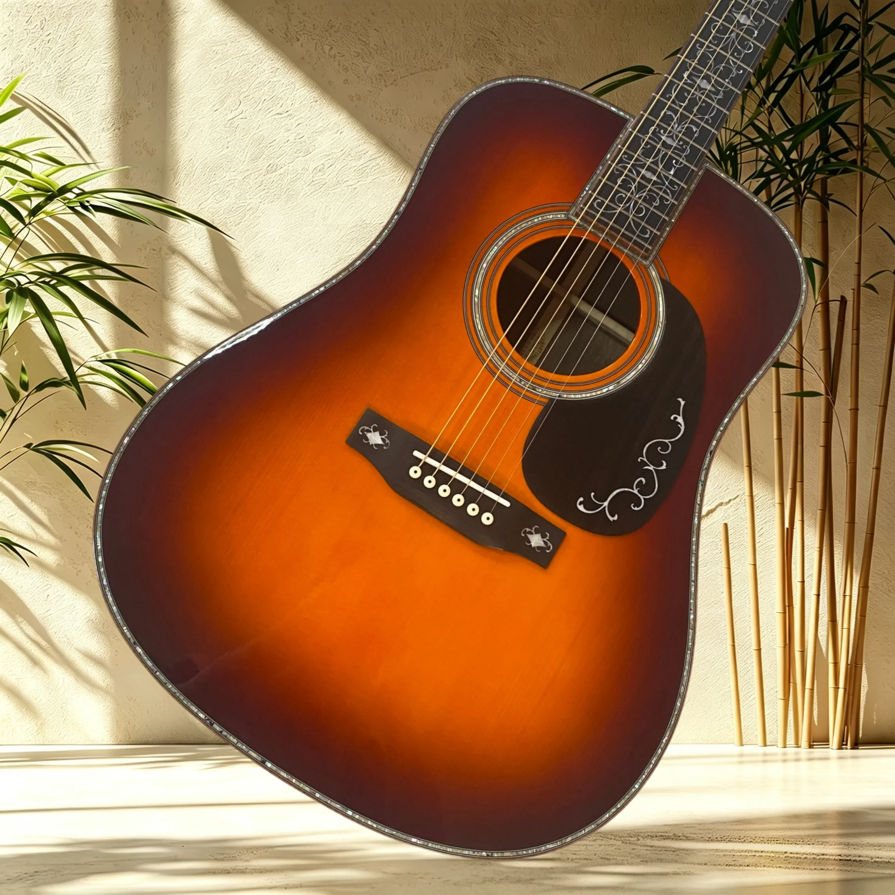 41 Inch D45 1933 Acoustic Guitar Sunburst Gloss Vine Inlay Abalone Binding Ebony Fretboard Band Rehearsal Singing Fingerstyle
