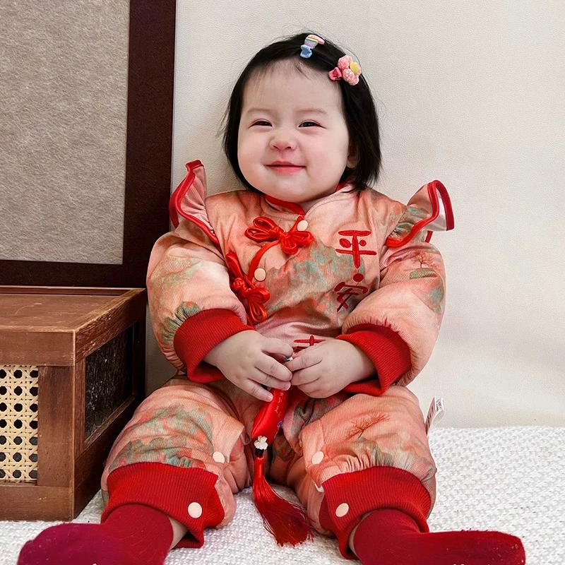 

2024NEW Chinese Style Jumpsuit For Girls Tang Suit Hanfu Red Chinese Traditional New Year Outfit Flower Romper Birthday Gift