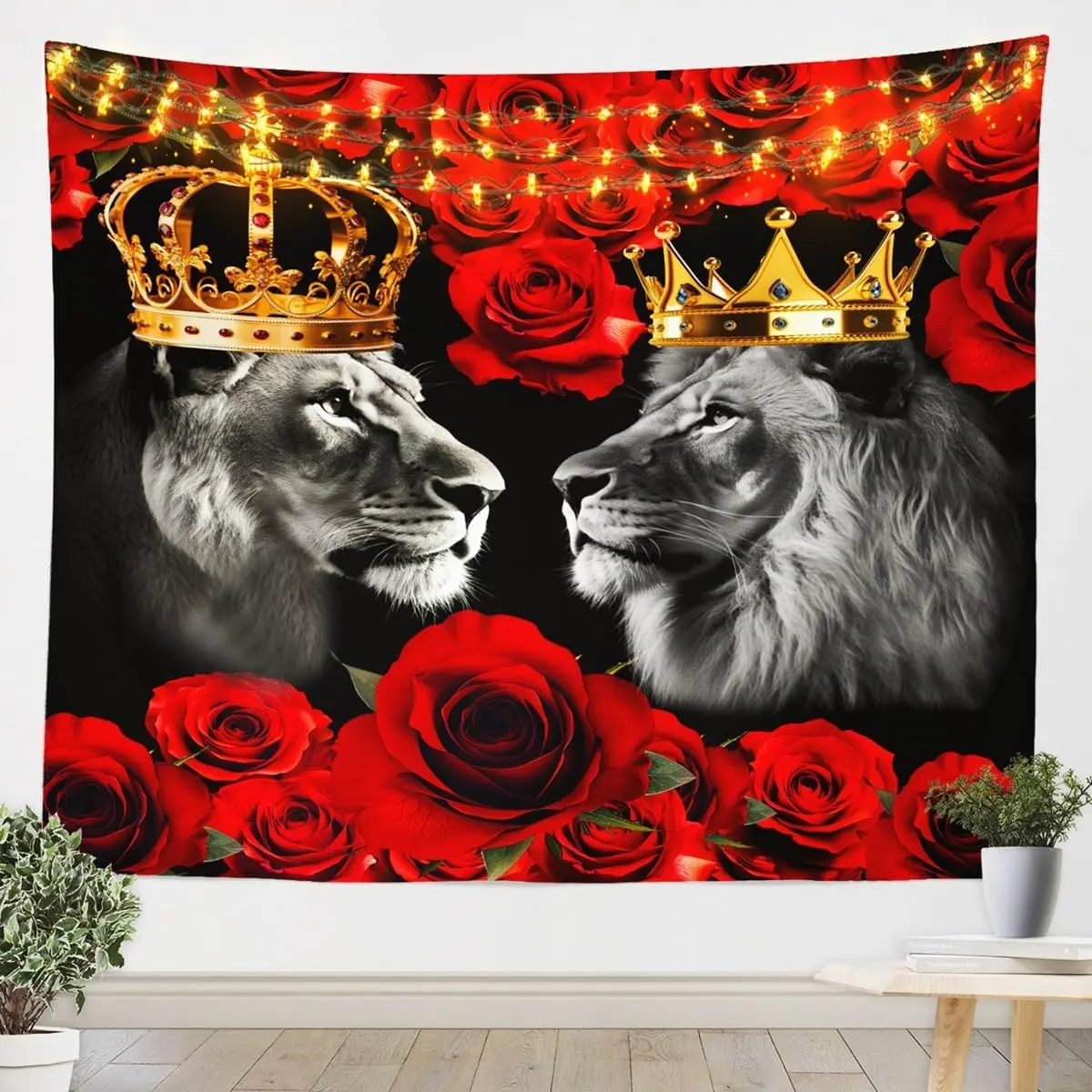 Wild Lion Couple Tapestries 3D African Animal King and Queen Golden Crown Polyester Tapestry,Romantic Floral Red Rose Flowers