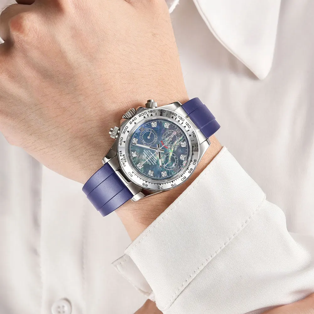 39 มม.เงินนาฬิกาข้อมือผู้ชาย VK63 การเคลื่อนไหวควอตซ์ chronograph Sapphire Glass ยางหรูหราธุรกิจผู้ชายนาฬิกาที่กําหนดเอง