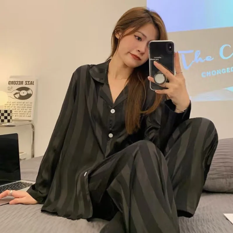 Pajamas Female Summer Ice Silk Girls Homewear Long-Sleeved Trousers Simulation Silk Black Striped Plus Size Suit