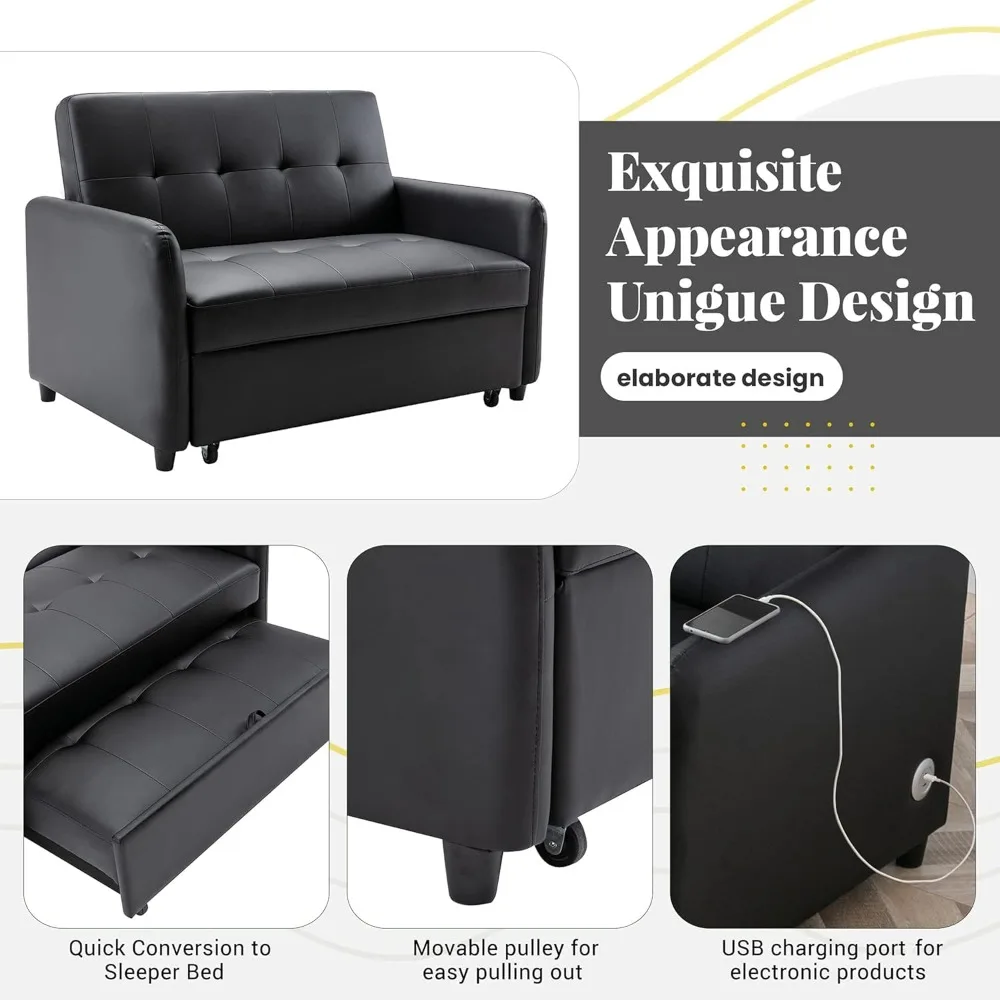 سرير أريكة سرير من جلد البولي يوريثان قابل للتحويل من ميراكس، سرير حديث قابل للتعديل مقاس 51 بوصة، كرسي بذراعين كبير الحجم مع 2 جانب ص